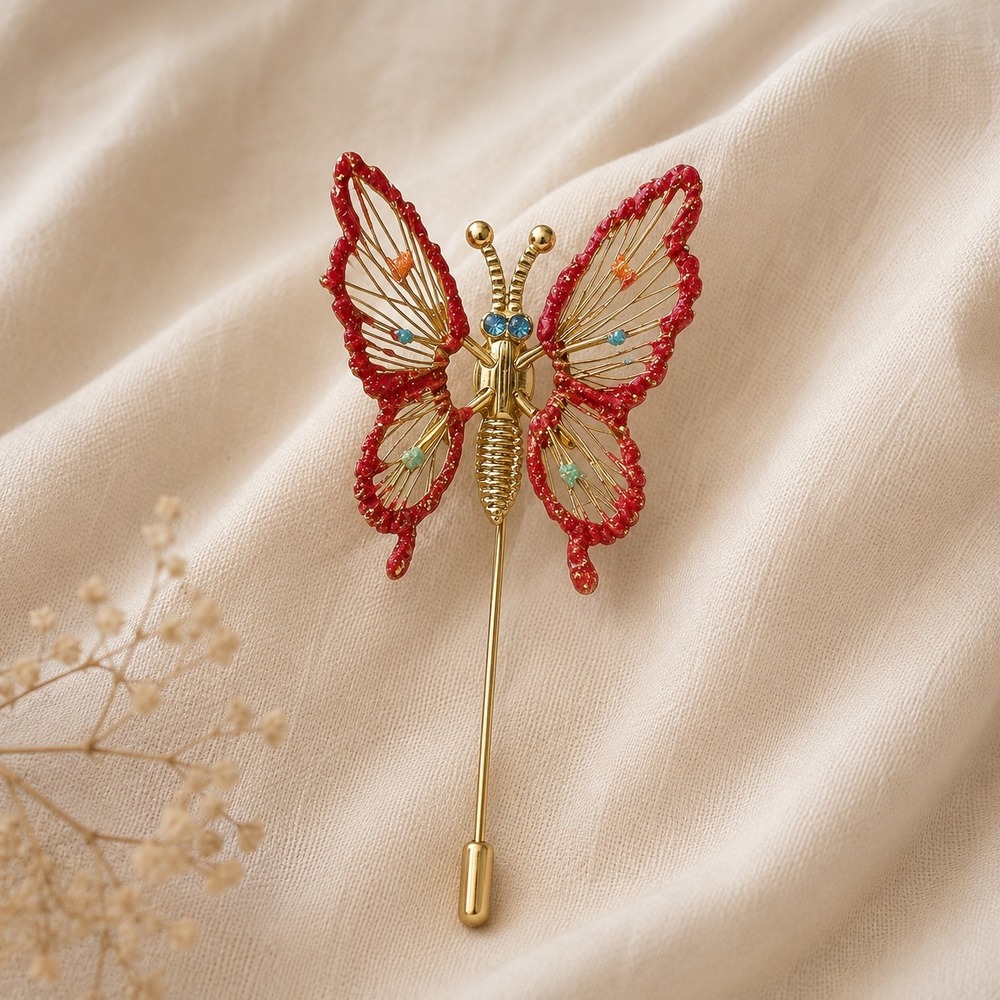 Vtg Butterfly Stick Pin Red Gold Tone Wire Wings Trembler Lapel Brooch Hat Pin
